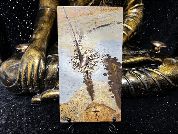 Picture Jasper in upright position leaning against a buddah